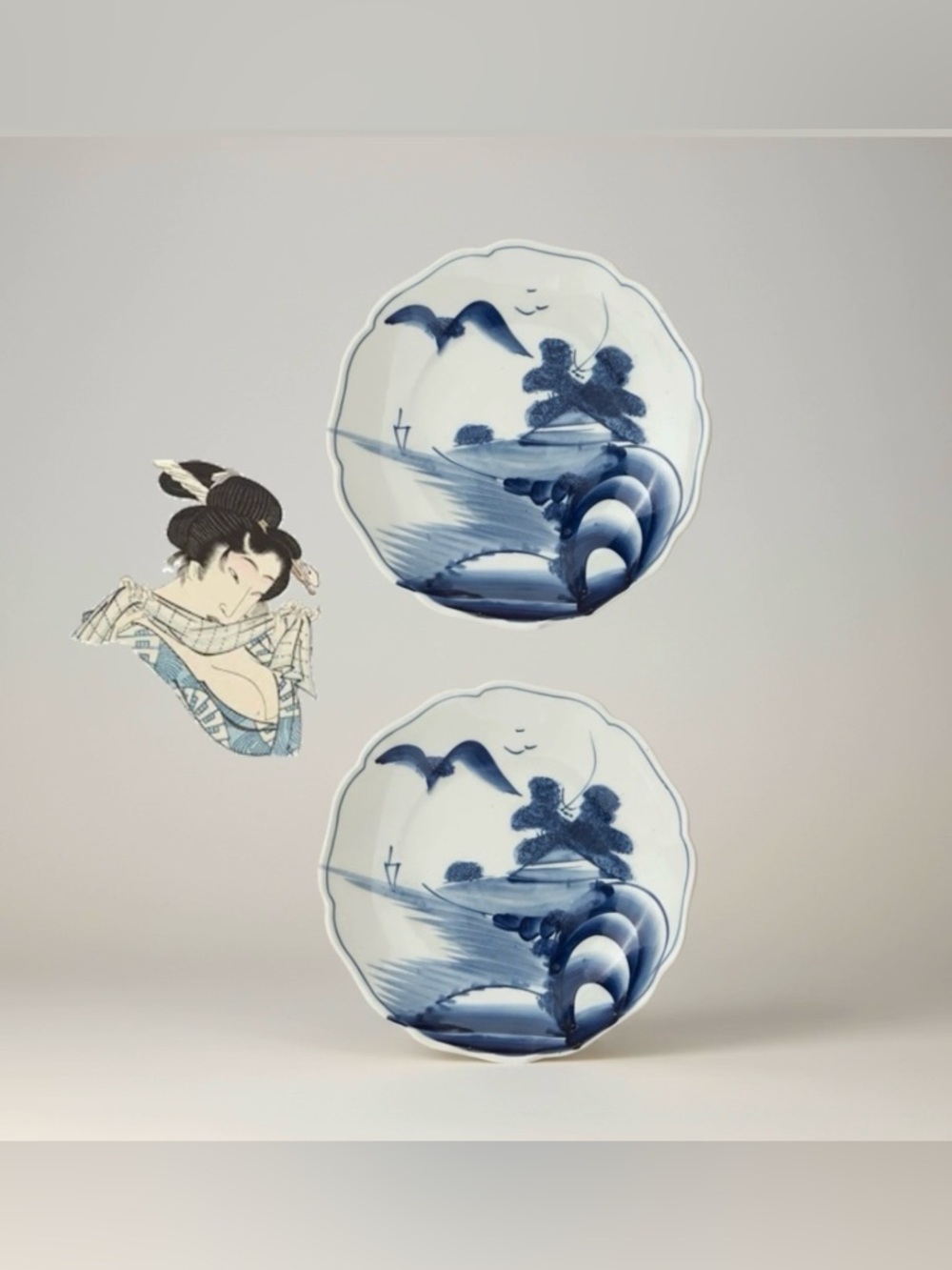 Set (2) Antique Japanese Meiji Sometsuke Namasu Porcelain Plates 8” Landscape